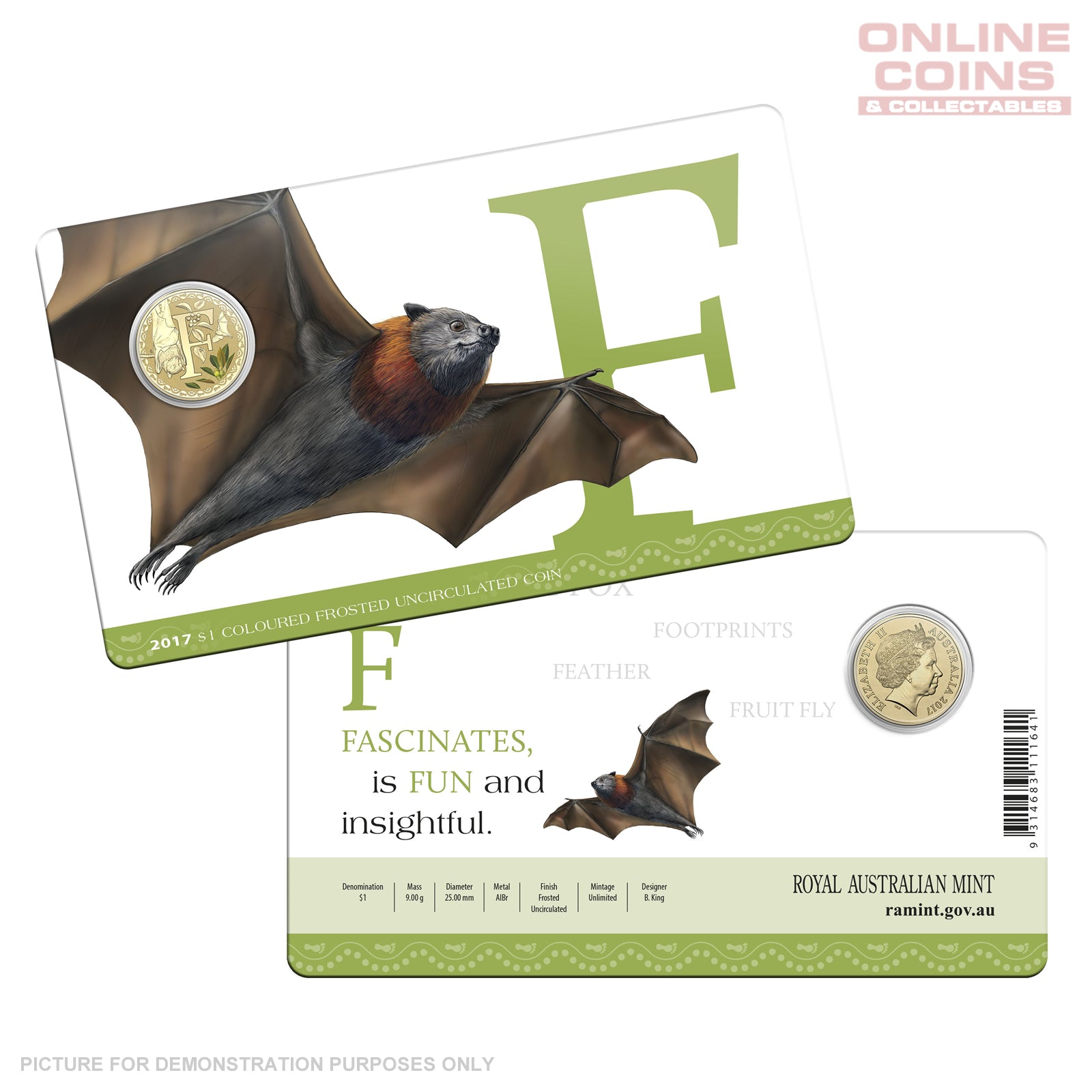 2017 $1 Coloured Alphabet Frosted Coin In Card - F For FlyingFox